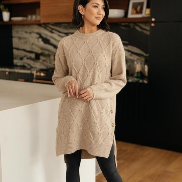 Diamond Details Sweater Dress/Tunic in Beige - Picture 1 of 5